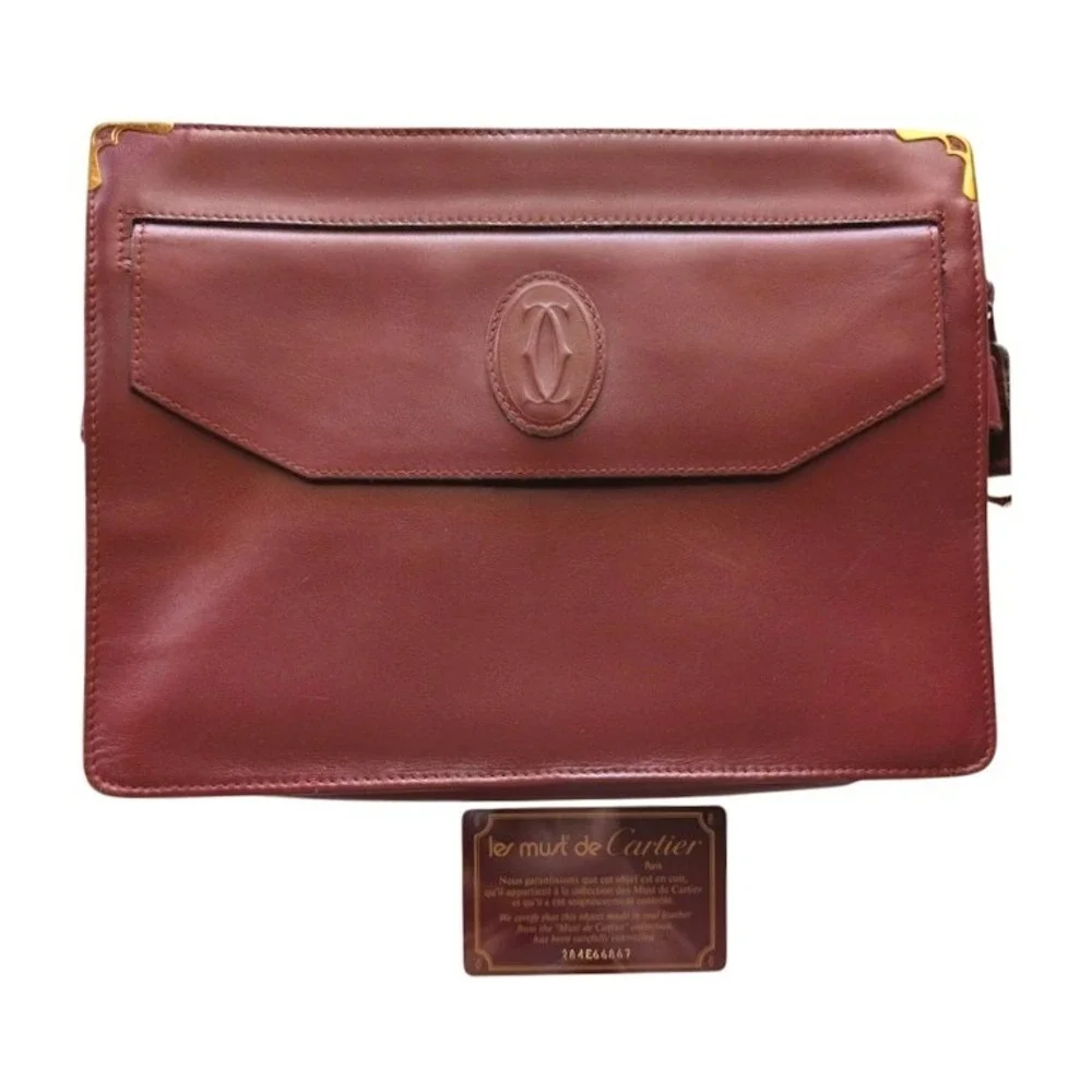 Vintage Cartier Les Must de Cartier Burgundy Leather‎ Clutch Bag Gold Corners